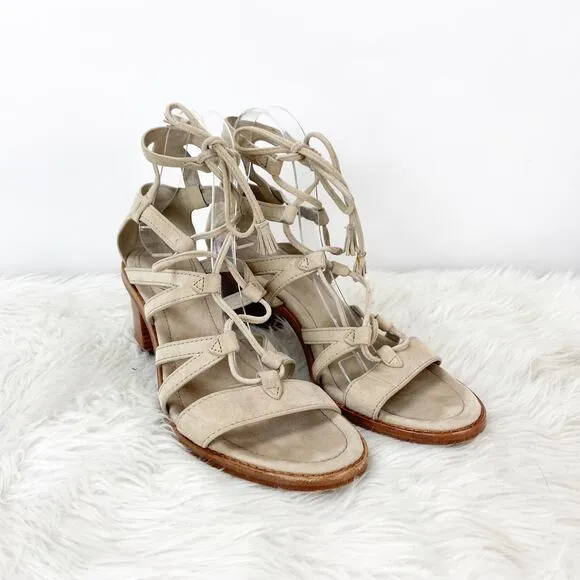 Frye 9 M Womens Beige Gray Suede Strappy Gladiator Heeled Sandals