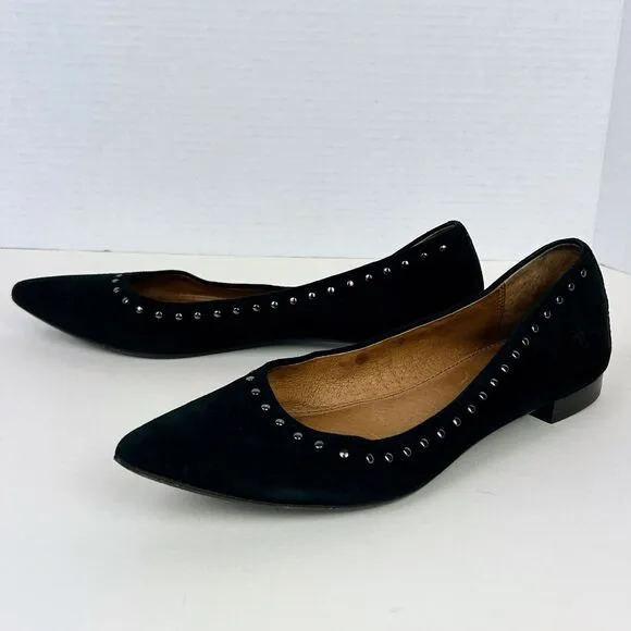 FRYE Sienna Black Pointed Toe Ballet Flats Studded Suede Shoes Leather Women 7.5