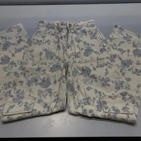 Ganni Women’s Floral Printed Jean Pants Size 25 Angi Cargo Tofu Beige/Multi  NWT