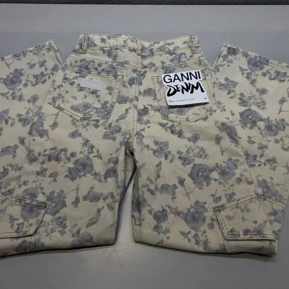 Ganni Women’s Floral Printed Jean Pants Size 25 Angi Cargo Tofu Beige/Multi  NWT