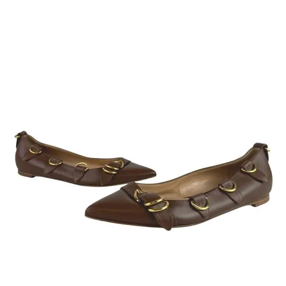 Gianvito Rossi Brown Leather Pointed Toe Buckle Strap Slip On Ballet Flats US 10