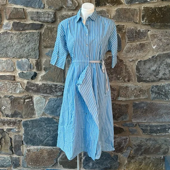 GIOVEDI Striped Belted Collared Shirt Dress in Blue &amp; White Size 8