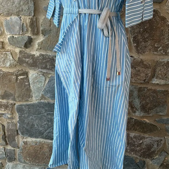 GIOVEDI Striped Belted Collared Shirt Dress in Blue &amp; White Size 8