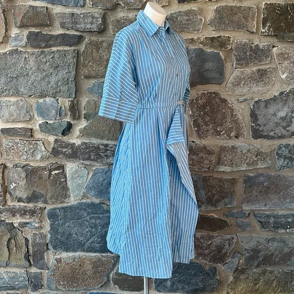 GIOVEDI Striped Belted Collared Shirt Dress in Blue &amp; White Size 8