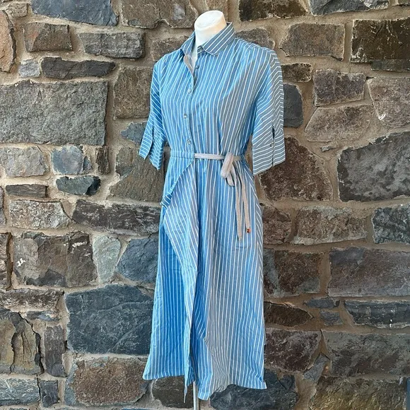 GIOVEDI Striped Belted Collared Shirt Dress in Blue &amp; White Size 8