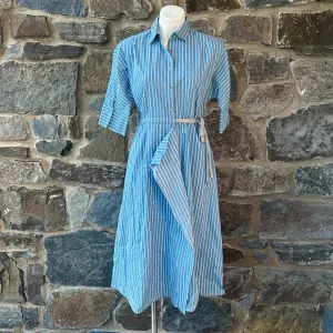 GIOVEDI Striped Belted Collared Shirt Dress in Blue &amp; White Size 8