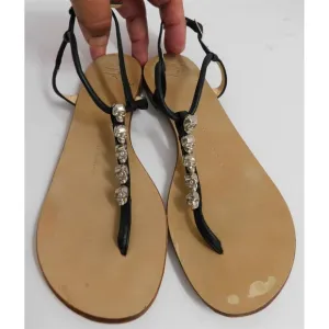 Giuseppe Zanotti Black Leather Skull Strappy Thong Sandals 36