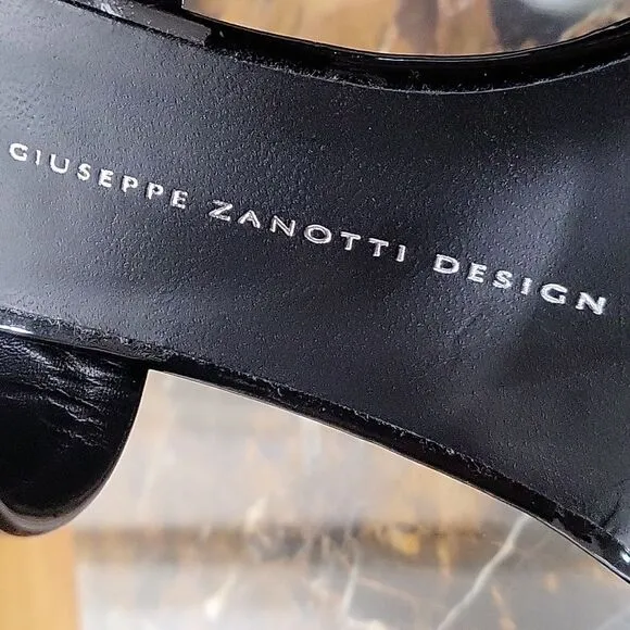 Giuseppe Zanotti Black Patent Leather Open Toe Sandals Dual Band Stiletto 37.5