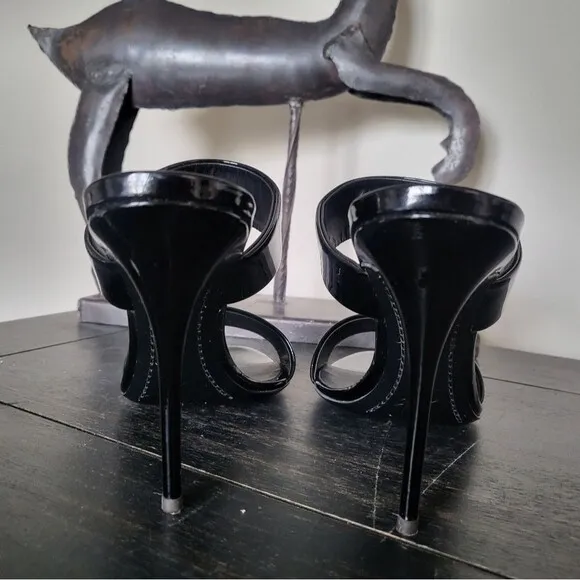 Giuseppe Zanotti Black Patent Leather Open Toe Sandals Dual Band Stiletto 37.5