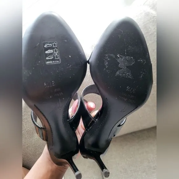 Giuseppe Zanotti Black Patent Leather Open Toe Sandals Dual Band Stiletto 37.5