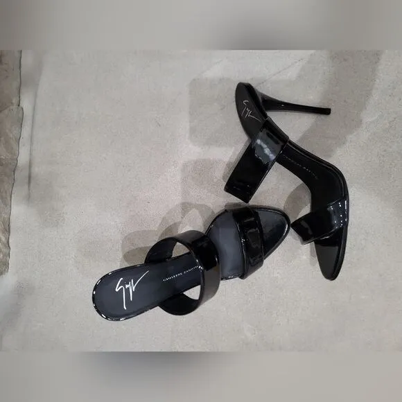 Giuseppe Zanotti Black Patent Leather Open Toe Sandals Dual Band Stiletto 37.5