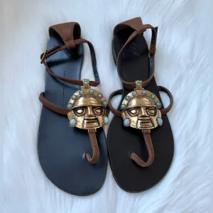 Giuseppe Zanotti Brown Unique Golden Turquoise Embellished Flat Sandals Sz 38.5