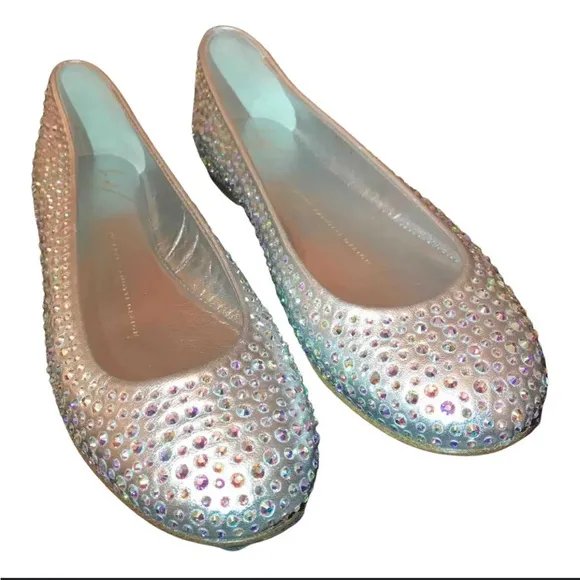 Giuseppe Zanotti Gemstone Crystal Studded Silver Leather Ballet Flats Size 10.5W