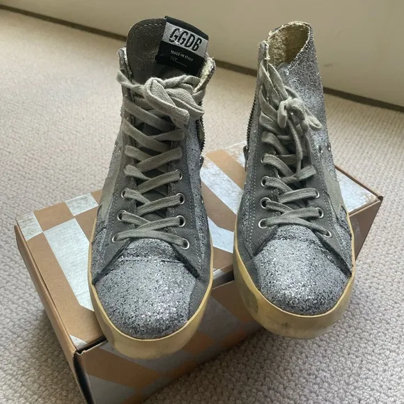 Golden Goose 38 Silver Glitter High-Top Sneakers