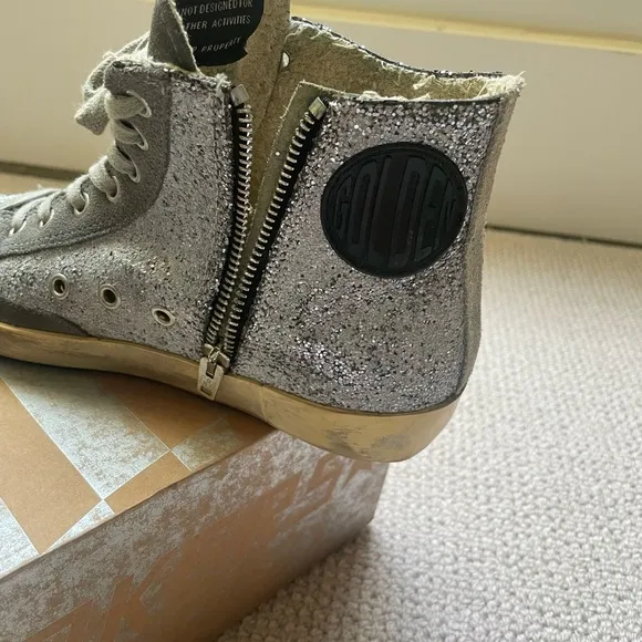 Golden Goose 38 Silver Glitter High-Top Sneakers