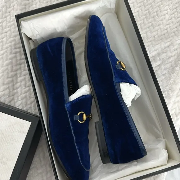 Gucci Blue and Gold Horsebit Loafers