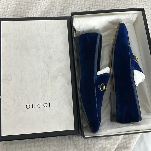 Gucci Blue and Gold Horsebit Loafers