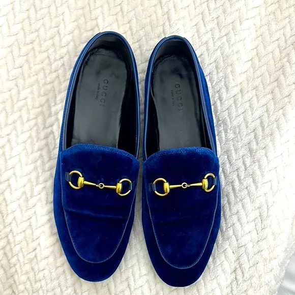 Gucci Blue and Gold Horsebit Loafers