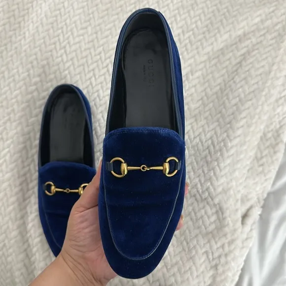 Gucci Blue and Gold Horsebit Loafers