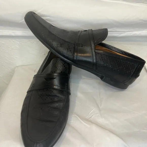 Gucci Men's Auth 10 1/2 Black Logo Diamante Leather Loafers Dress Shoes