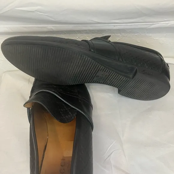 Gucci Men's Auth 10 1/2 Black Logo Diamante Leather Loafers Dress Shoes