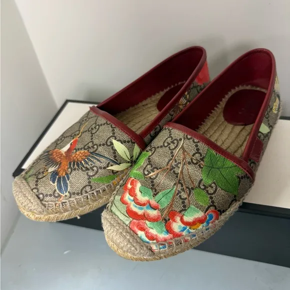 Gucci Women's Pilar Espadrille Woven Bird Jungle Print GG Supreme Flats Slides 6