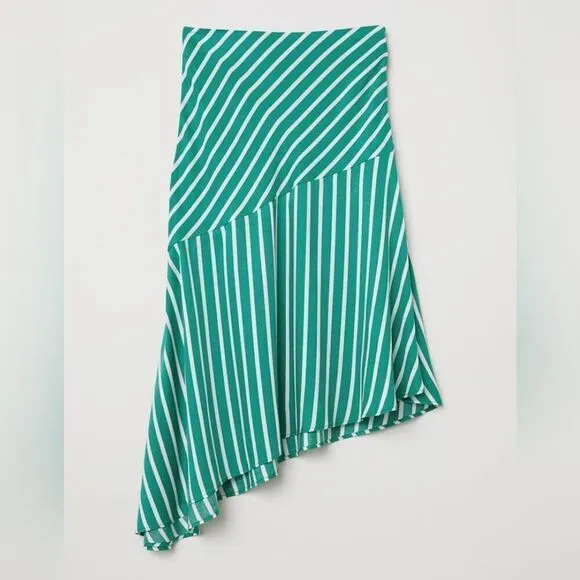 H&amp;M Silky Asymmetric Flared Striped Patterned Mint Green Midi Skirt 14