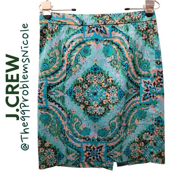 J. Crew Casbah Green Medallion Print Pencil Skirt