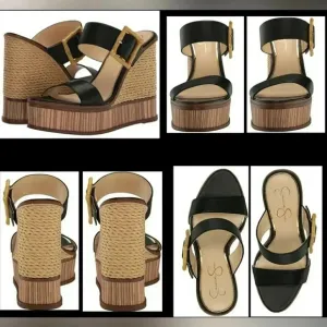 Jessica Simpson Black Slip-On 10 Platform Retro Wedge Leather Sandals