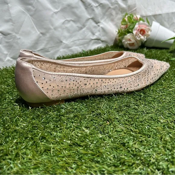 Jewel by Badgley Mischka Juliana Champagne Rhinestone Pointed-Toe Ballet Flats
