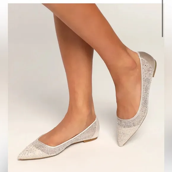 Jewel by Badgley Mischka Juliana Champagne Rhinestone Pointed-Toe Ballet Flats