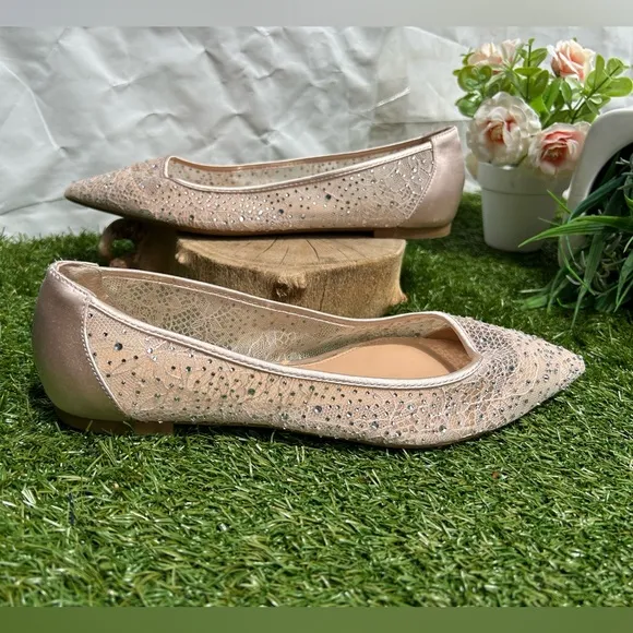 Jewel by Badgley Mischka Juliana Champagne Rhinestone Pointed-Toe Ballet Flats