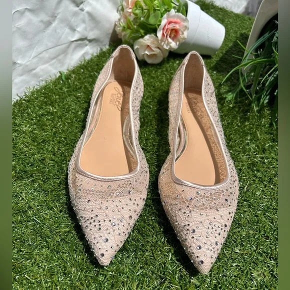 Jewel by Badgley Mischka Juliana Champagne Rhinestone Pointed-Toe Ballet Flats