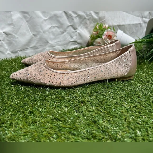 Jewel by Badgley Mischka Juliana Champagne Rhinestone Pointed-Toe Ballet Flats