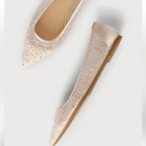Jewel by Badgley Mischka Juliana Champagne Rhinestone Pointed-Toe Ballet Flats