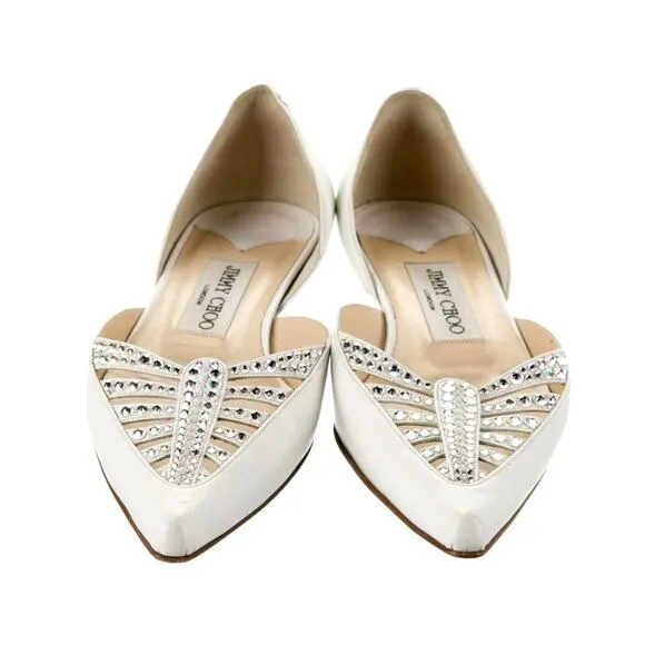 Jimmy Choo 6 Rhinestone Crystal Leather Flats Shoes Pointed Toe Shoe Ivory White
