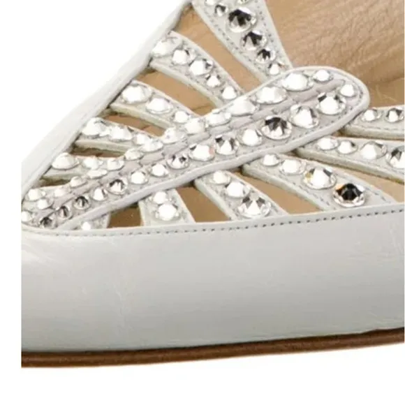 Jimmy Choo 6 Rhinestone Crystal Leather Flats Shoes Pointed Toe Shoe Ivory White