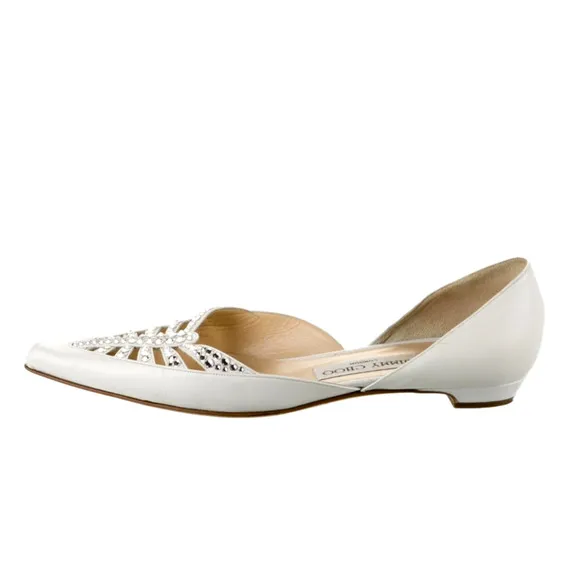Jimmy Choo 6 Rhinestone Crystal Leather Flats Shoes Pointed Toe Shoe Ivory White