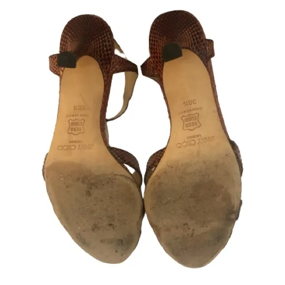 Jimmy Choo Chestnut Snakeskin Leather Strappy Heeled Sandals 38.5 EPC