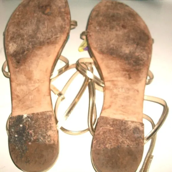 Jimmy Choo Flat Gold-Patent Strappy Ankle Strap/T-Strap Sandals