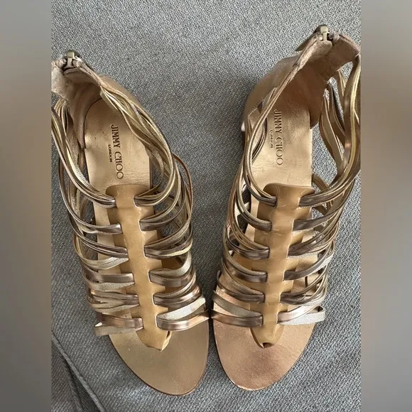 Jimmy Choo gladiator, strappy gold sandals 39