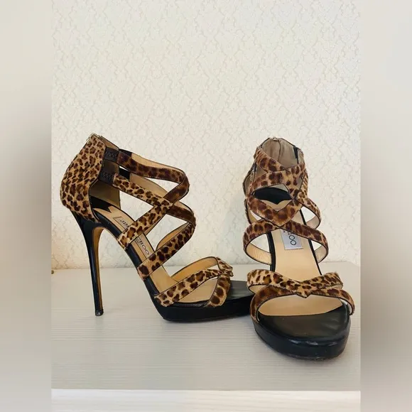 Jimmy Choo Leopard Print Strappy Platform Heels Sandals Size 38