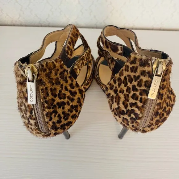 Jimmy Choo Leopard Print Strappy Platform Heels Sandals Size 38