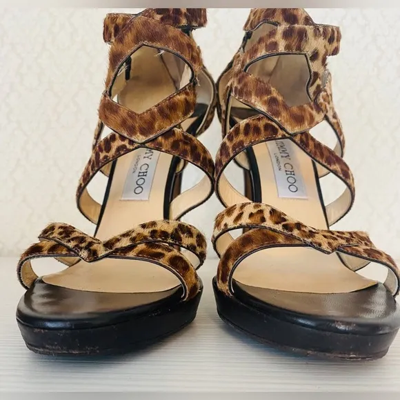 Jimmy Choo Leopard Print Strappy Platform Heels Sandals Size 38