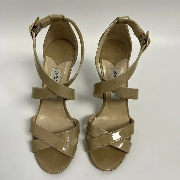 Jimmy Choo Lottie Crisscross Nude Beige Patent Leather Sandal Pump 38.5