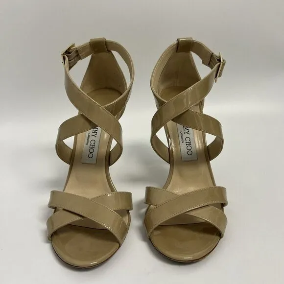 Jimmy Choo Lottie Crisscross Nude Beige Patent Leather Sandal Pump 38.5
