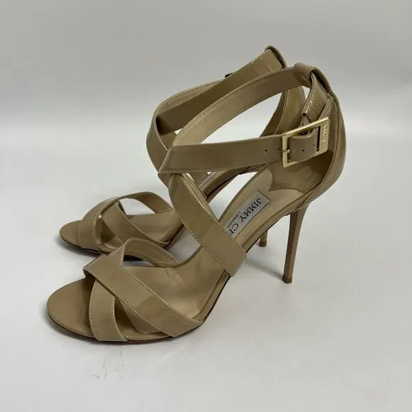 Jimmy Choo Lottie Crisscross Nude Beige Patent Leather Sandal Pump 38.5