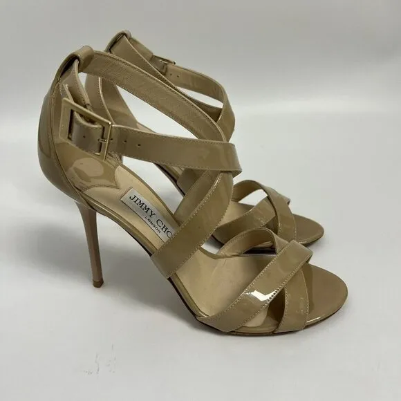 Jimmy Choo Lottie Crisscross Nude Beige Patent Leather Sandal Pump 38.5