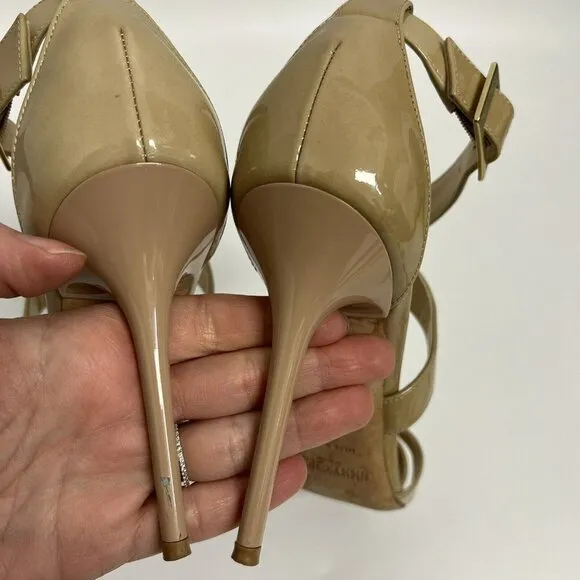 Jimmy Choo Lottie Crisscross Nude Beige Patent Leather Sandal Pump 38.5