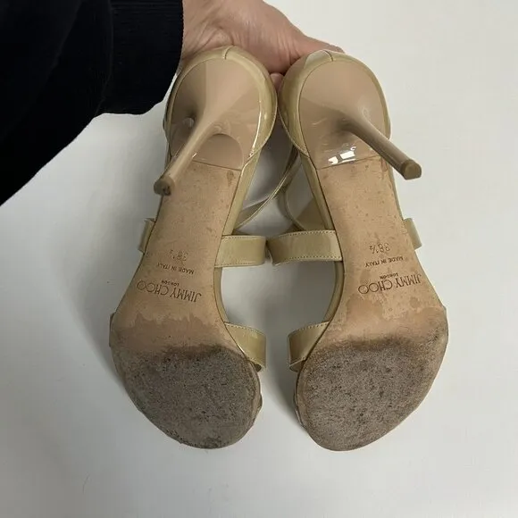 Jimmy Choo Lottie Crisscross Nude Beige Patent Leather Sandal Pump 38.5